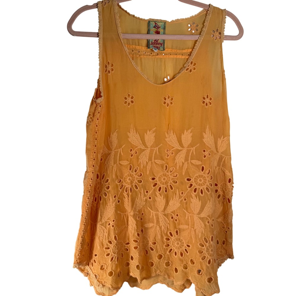 Johnny Was Orange Eyelet Embroidered Sleeveless Top XS Boho Cupra Rayon Blouse